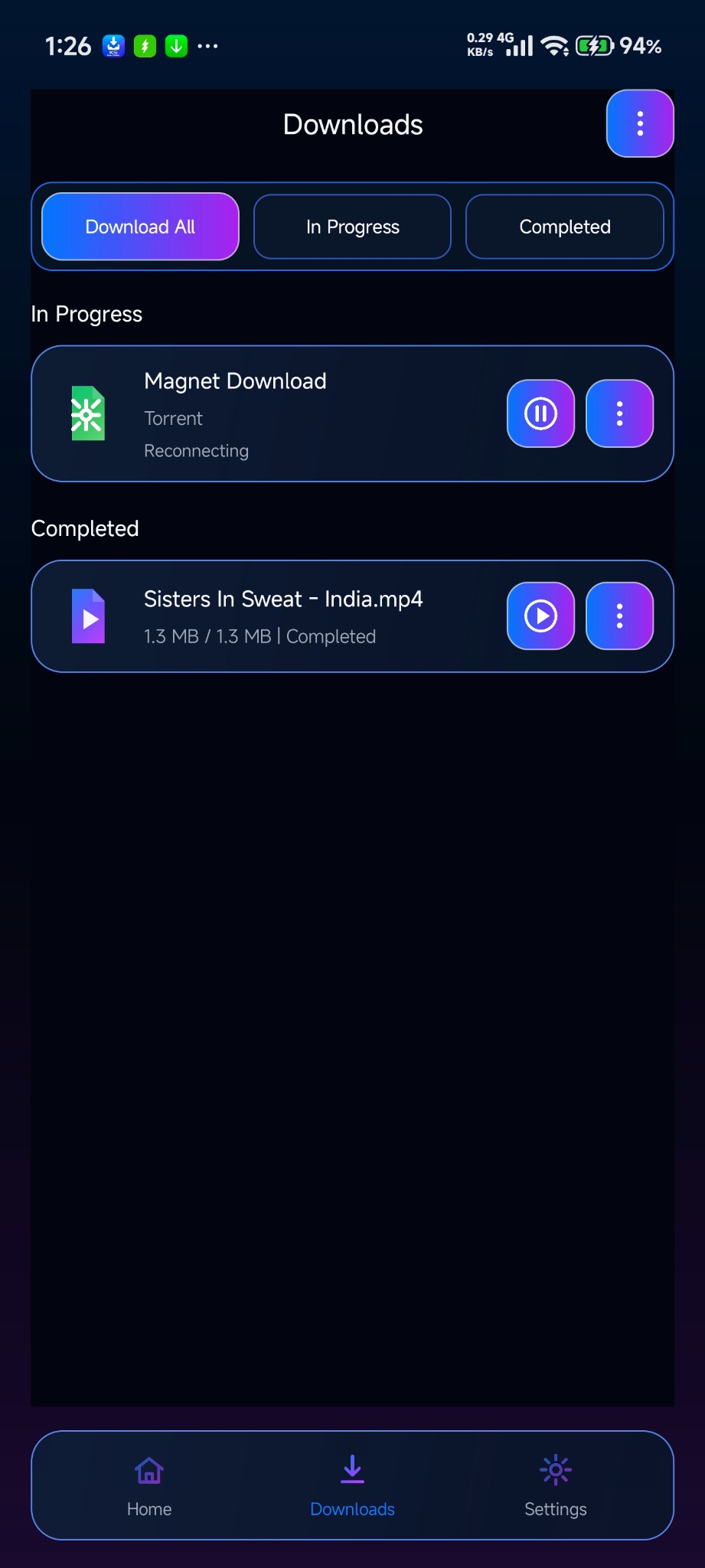 KS Downloader downloads screen dark mode