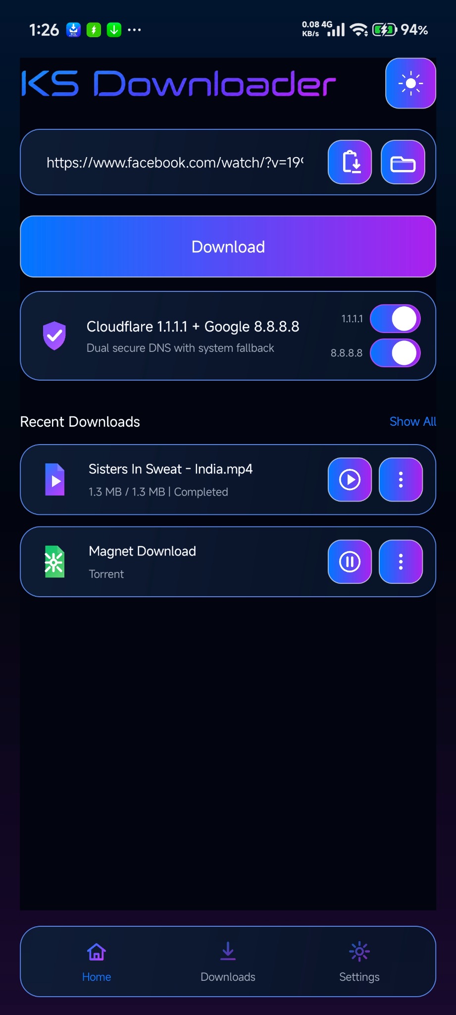 KS Downloader home screen dark mode