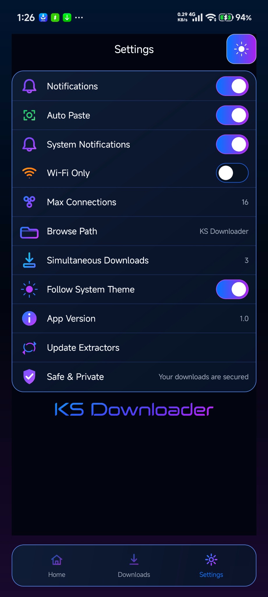 KS Downloader settings screen dark mode