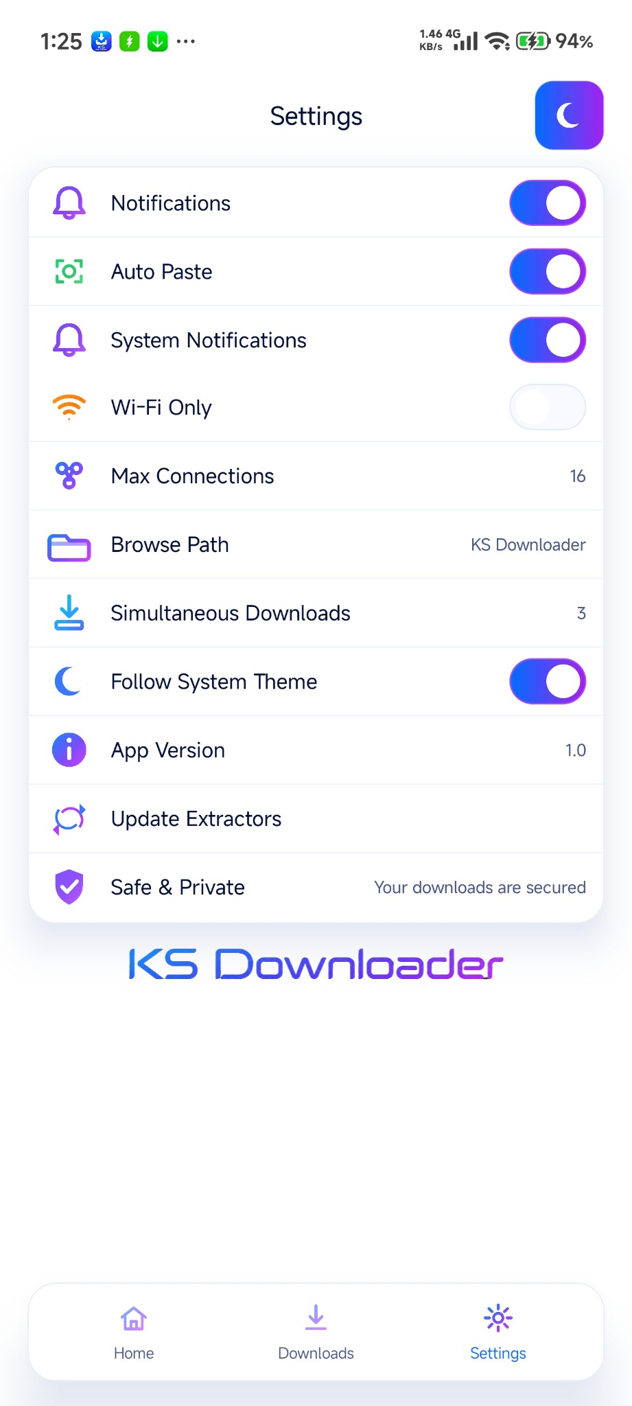 KS Downloader settings screen light mode